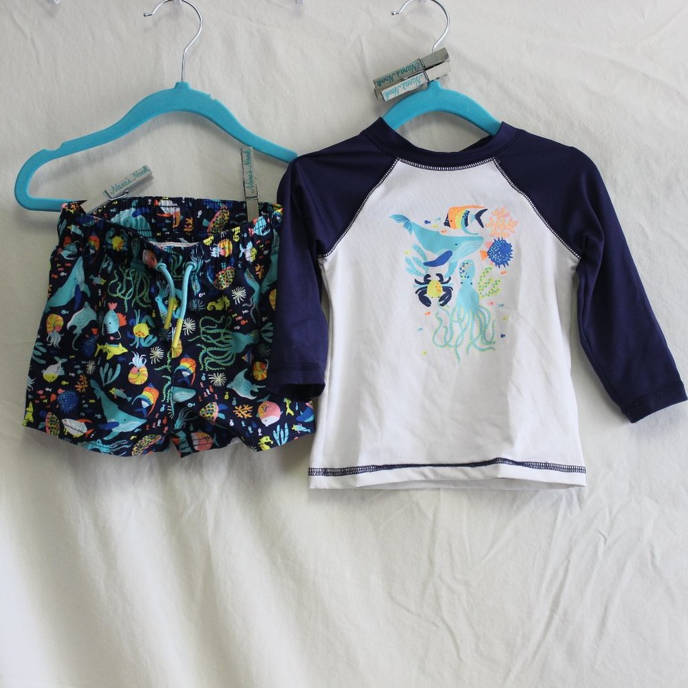 Set 💙 Cat & Jack Tropical Rash Guard Swim Shorts 12M Sunglasses - Picture 6 of 12